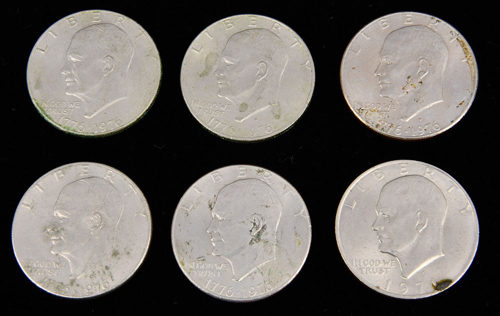 Lot 1187: Six 1776-1976 United States Eisenhower Copper-Nickel Clad Dollar Coins, comprising Bicentennial and Standard Reverses