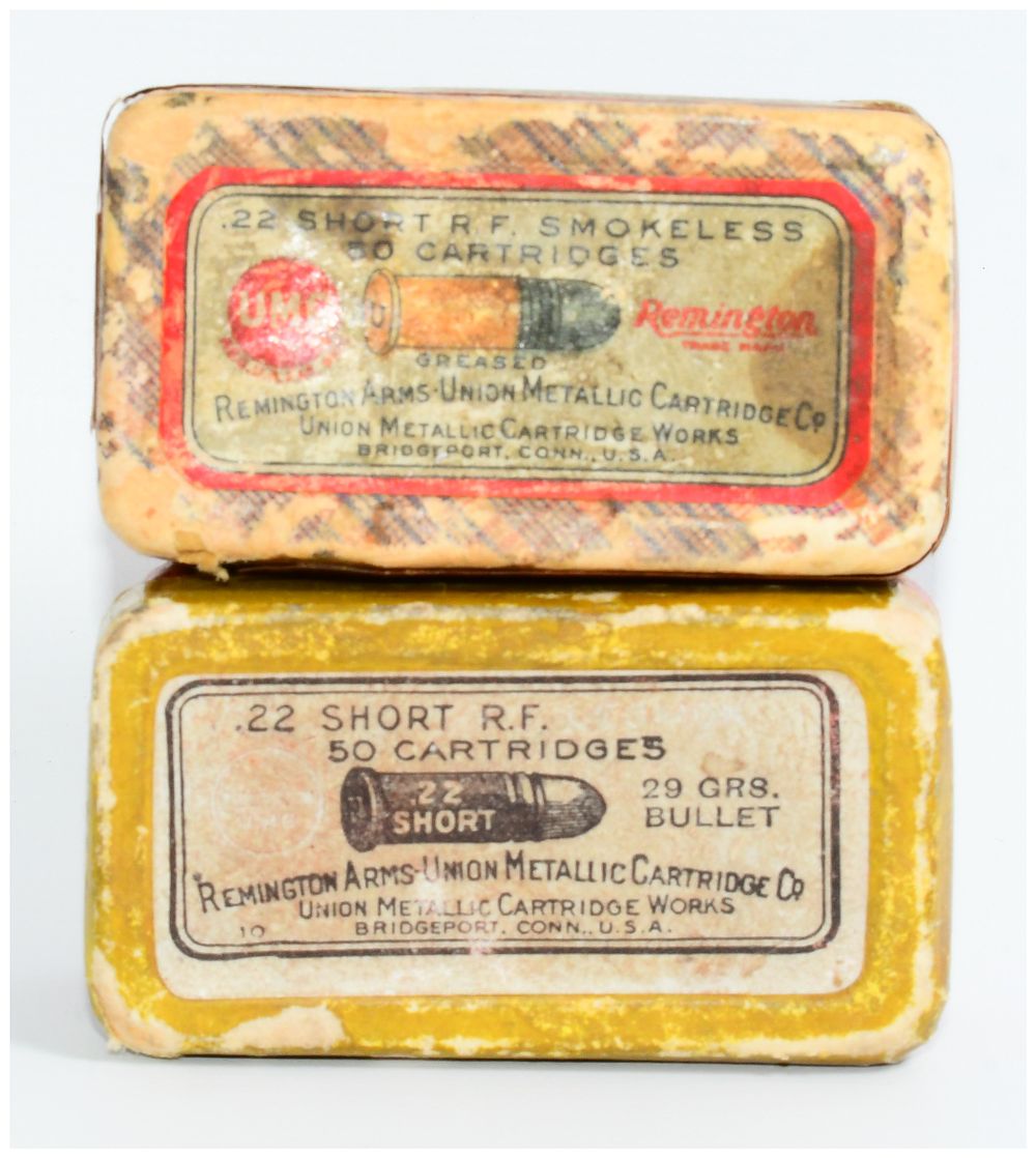 Lot 1198: Two Vintage Remington UMC .22 Short R.F. Ammunition Collector Boxes, containing 74 Rounds