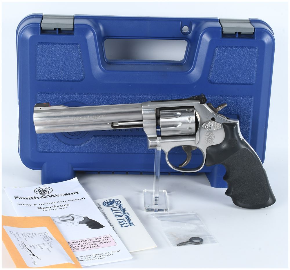 Lot 1209: Smith & Wesson Model 617-6 .22 LR 10-Shot Stainless Double Action Revolver with Case and Accessories