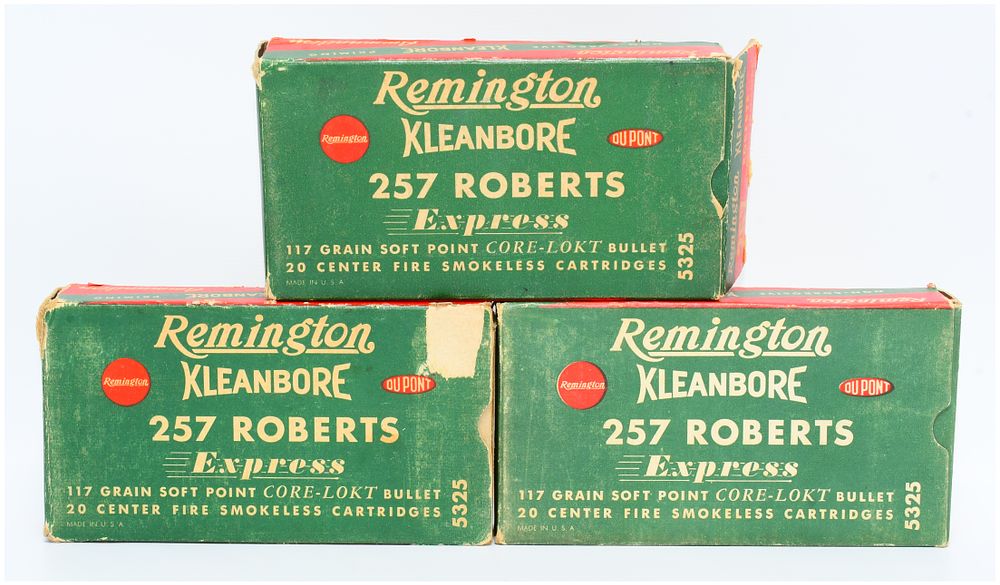 Lot 1210: Three Boxes of Vintage Remington Kleanbore .257 Roberts Express 117 Grain Core-Lokt Ammunition, 60 Rounds Total