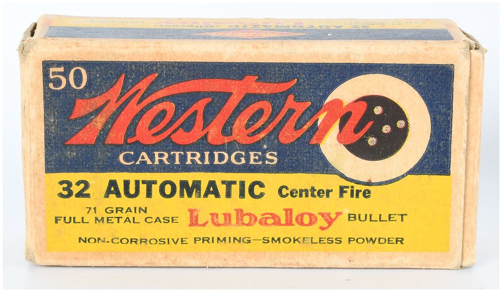Lot 1214: 50 Live Rounds of Vintage Western .32 Automatic (ACP) 71 Grain Lubaloy Ammunition in Original Box