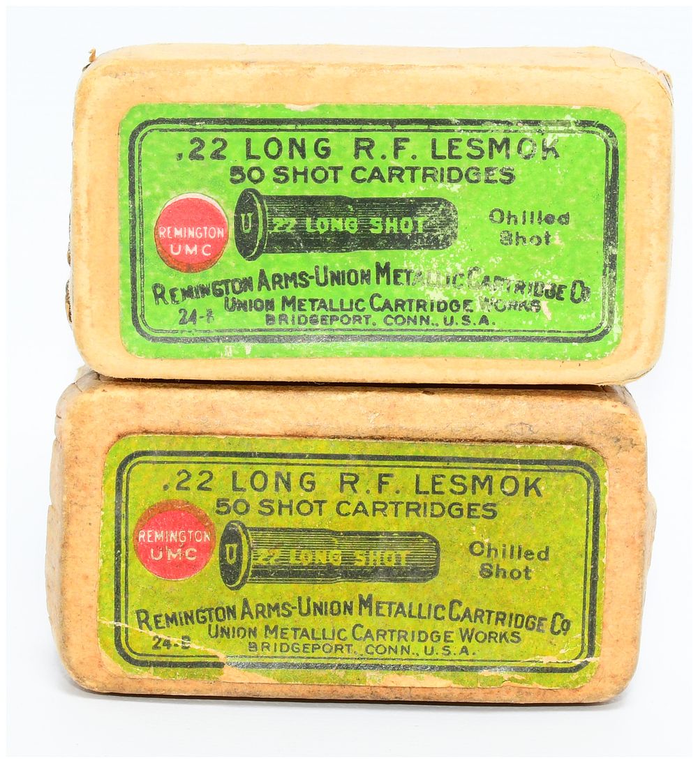 Lot 1228: Two Boxes of Remington UMC .22 Long RF Lesmok Shot Cartridges, 53 Rounds