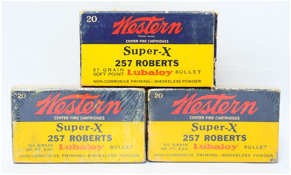 Lot 1237: Three Vintage Western Super-X .257 Roberts Mixed Bullet Type Ammunition Boxes