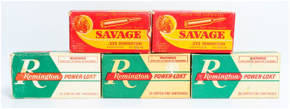 Lot 1240: A Group of Vintage Savage 'Indian Head' and Remington .222 Remington Ammunition
