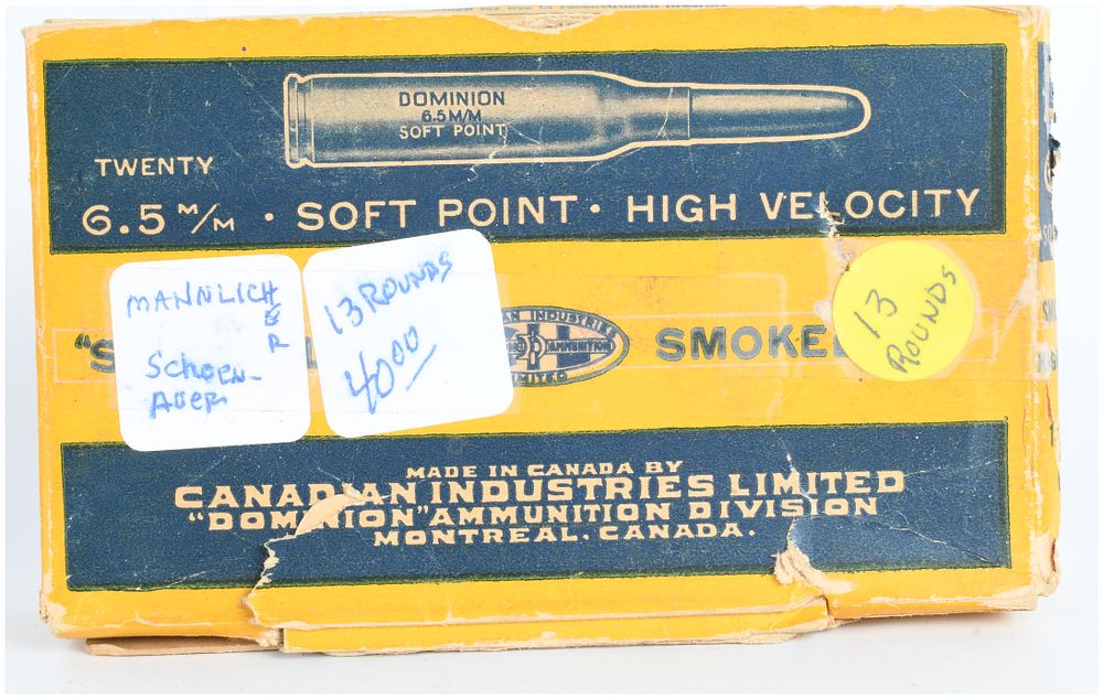 Lot 1244: 13 Live Rounds of Vintage Dominion 6.5 M/M Soft Point High Velocity Ammunition for Mannlicher-Schönauer Rifles