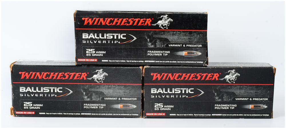 Lot 1261: 60 Rounds of Winchester 25 WSSM 85 Grain Ballistic Silvertip Ammunition, Three Boxes