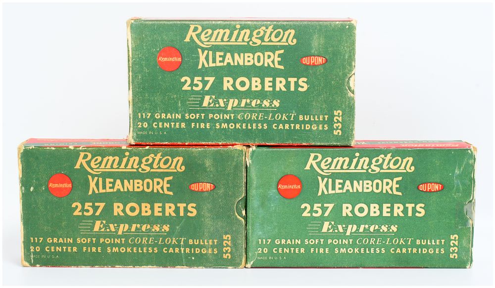 Lot 1267: Three Vintage Remington Kleanbore .257 Roberts Express Ammunition Boxes with 59 Rounds