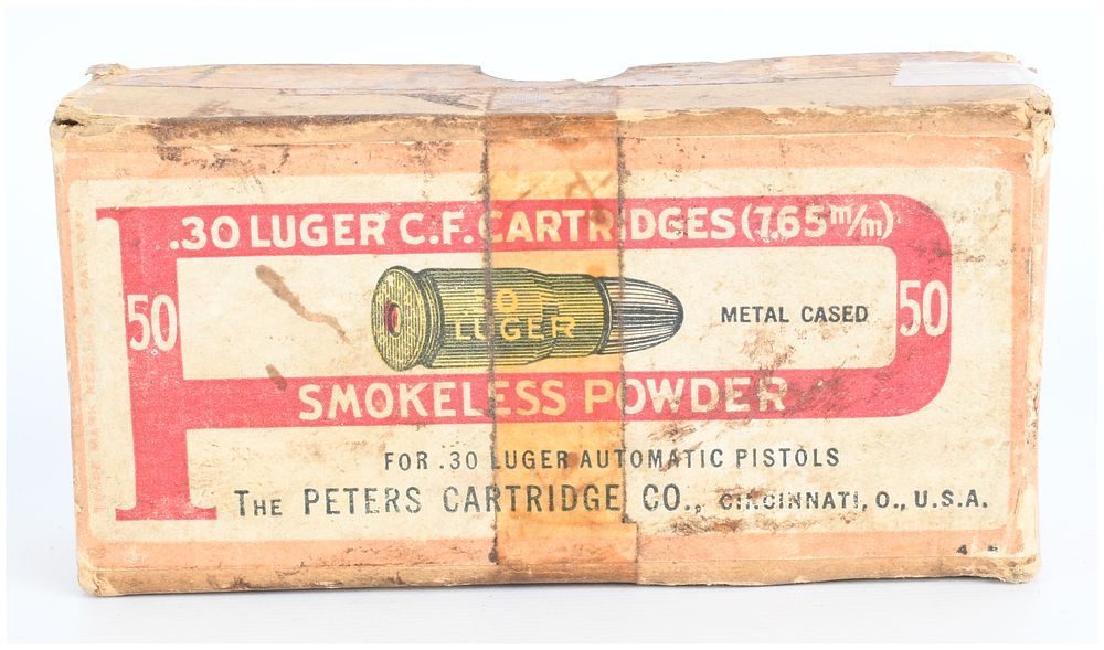 Lot 1274: Vintage Box of Peters Cartridge Co. .30 Luger Ammunition with 33 Live Rounds