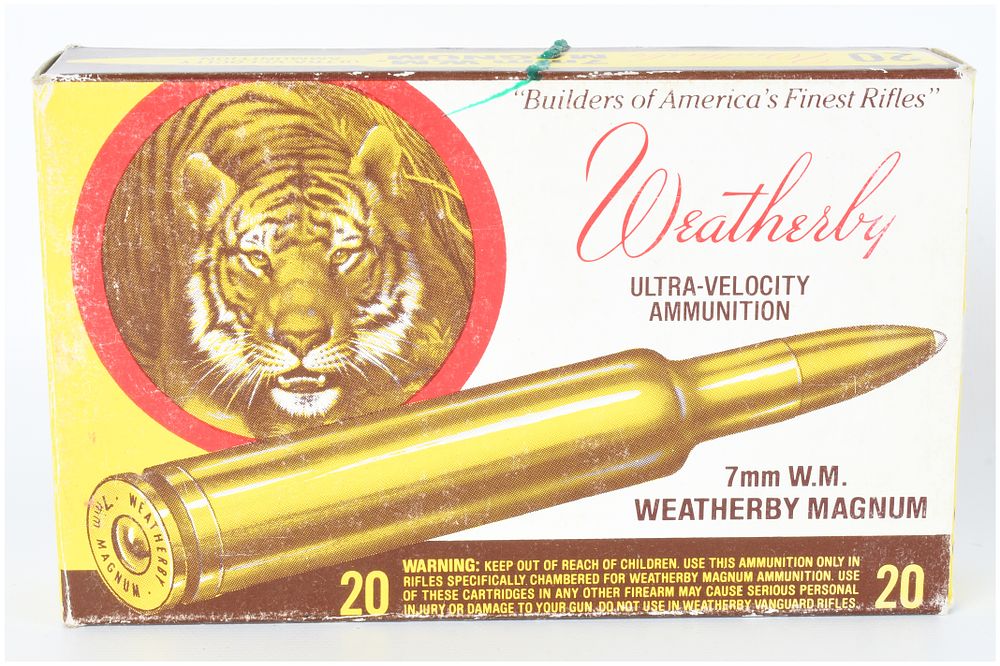 Lot 1283: Vintage Weatherby 7mm W.M. Magnum Ammunition 'Tiger Box' with 6 Live Rounds and 14 Empty Brass