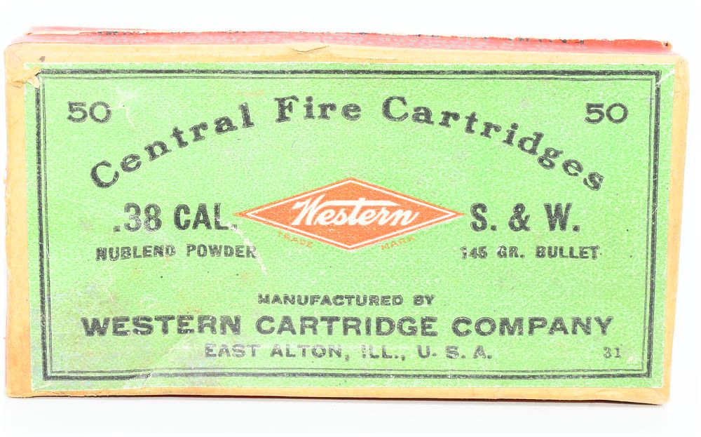 Lot 1294: Vintage Western Cartridge Company .38 S. & W. Ammunition Box with 39 Rounds
