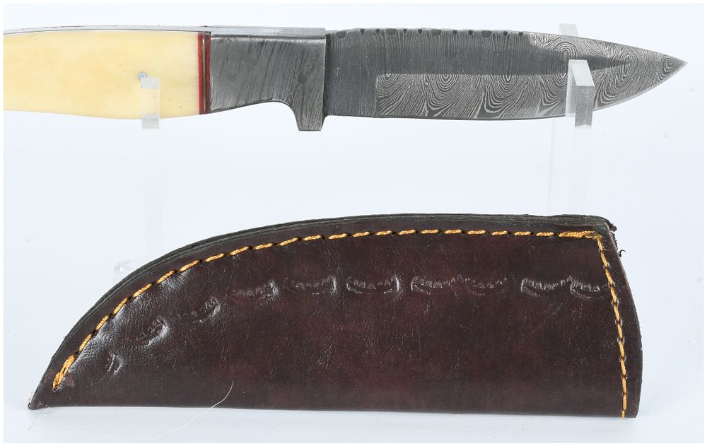 Lot 1349: A Custom Handmade Damascus Steel Drop Point Hunter Knife with Leather Sheath