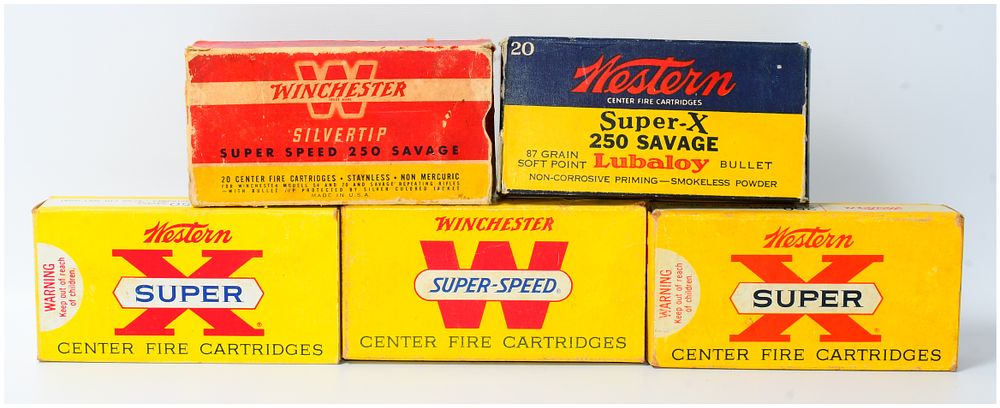 Lot 1357: 94 Rounds of Vintage Winchester and Western .250 Savage Center Fire Rifle Cartridges