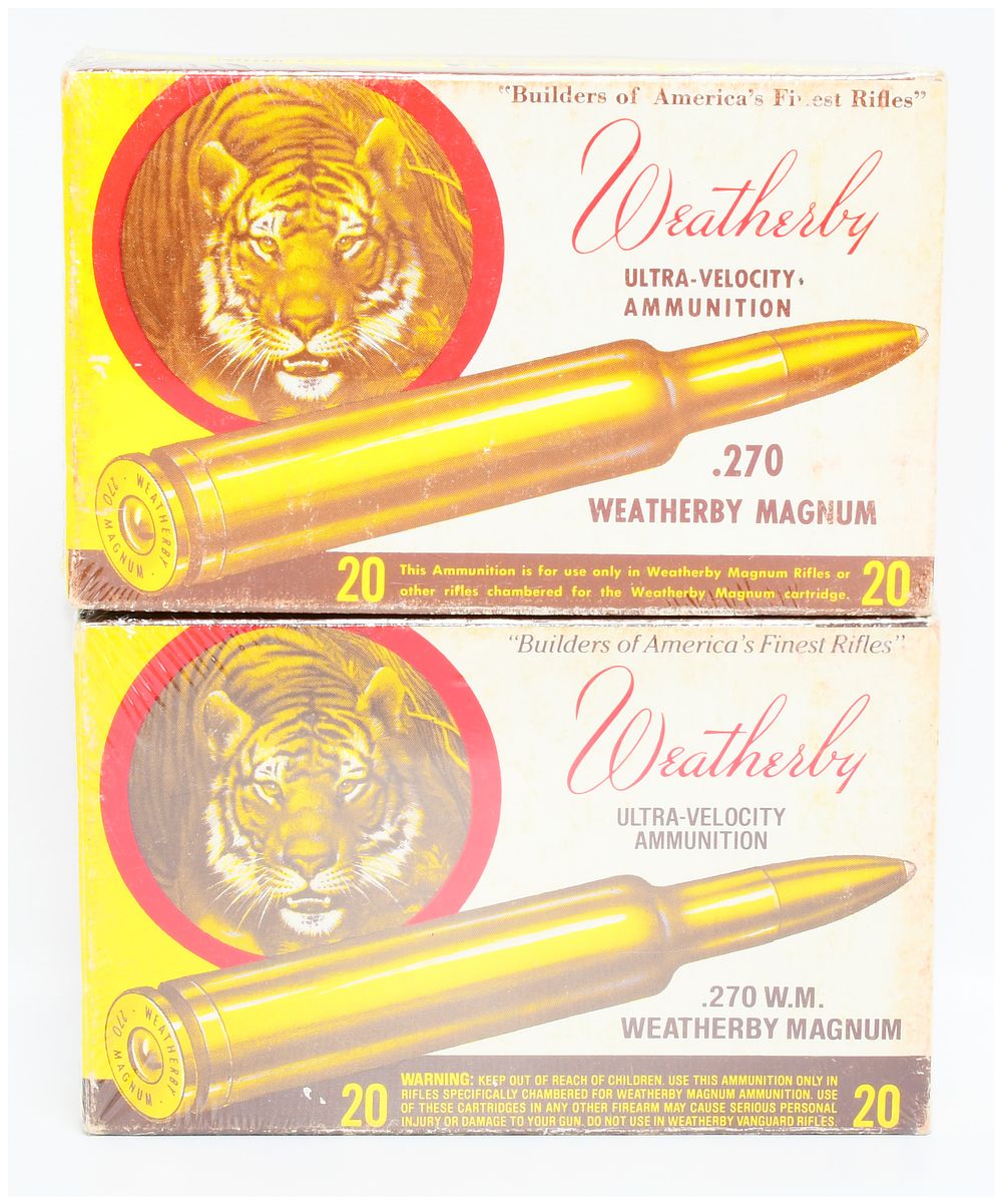 Lot 1363: Two Vintage Weatherby Ultra-Velocity .270 Weatherby Magnum 100 Grain Soft Point 'Tiger' Ammunition Boxes, 40 Rounds Total