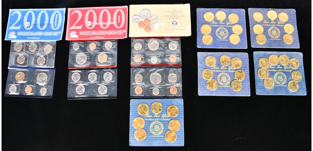 Lot 1367: A Collection of 8 Sets: 68 U.S. Mint Uncirculated Coin Sets (1990, 2000) and Reader's Digest Presidential Medallion Sets