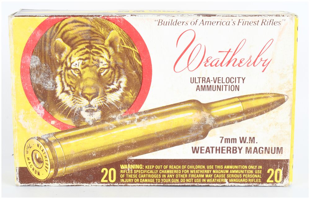 Lot 1394: Vintage Weatherby 7mm W.M. Magnum Ultra-Velocity Ammunition "Tiger Box" with 15 Live Rounds and 4 Brass Casings
