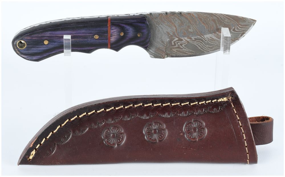 Lot 1409: A Custom Fixed-Blade Damascus Steel Knife with Leather Sheath
