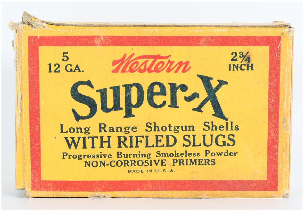 Lot 1418: Vintage Western Super-X 12 GA. Shotgun Shells with Rifled Slugs, Two Live Shells and Box