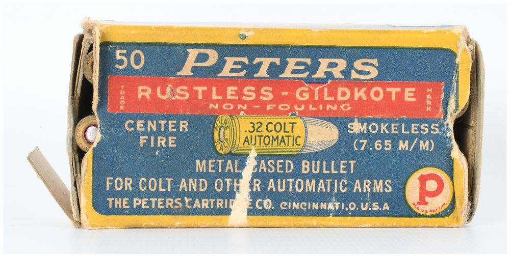 Lot 1463: 50 Rounds Peters Rustless .32 Colt Automatic / 7.65 M/M Ammunition, Full Box