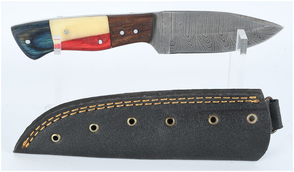 Lot 1469: Pattern-Welded Steel Fixed-Blade Knife with Multi-Material Handle and Sheath