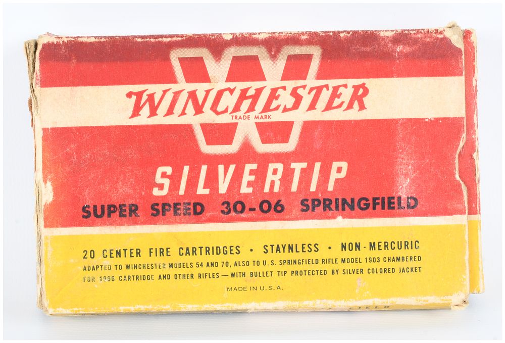 Lot 1475: Vintage Winchester 'Super Speed Silvertip' 30-06 Springfield Ammunition Box, 20 Rounds