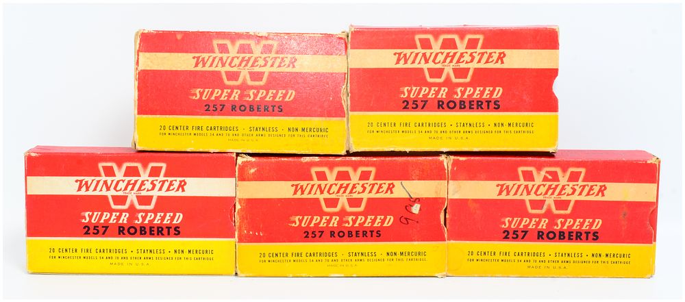 Lot 1477: 100 Rounds of Vintage Winchester Super Speed .257 Roberts Ammunition in Five Boxes