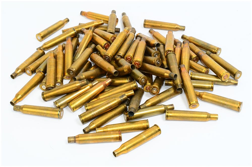 Lot 1492: 77 EMPTY BRASS CASINGS FOR RELOADING, Including .223 REM and .220 SWIFT