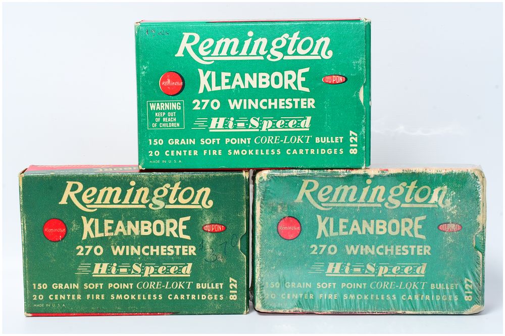 Lot 1495: A Group of Three Vintage Remington Kleanbore .270 Winchester Hi-Speed Ammunition Boxes with 59 Rounds