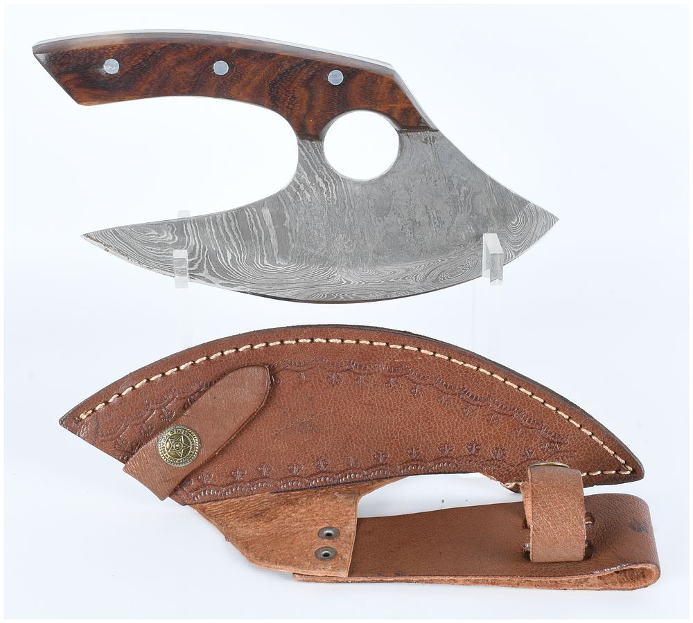 Lot 1499: A Handmade Damascus Steel Ulu Knife with Sheath
