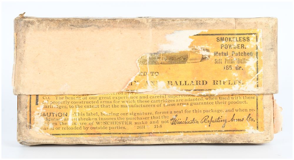Lot 1505: Vintage Winchester .32-40 Caliber 2-Piece Cardboard Box with 20 Empty Brass, 165 Gr. Soft Point