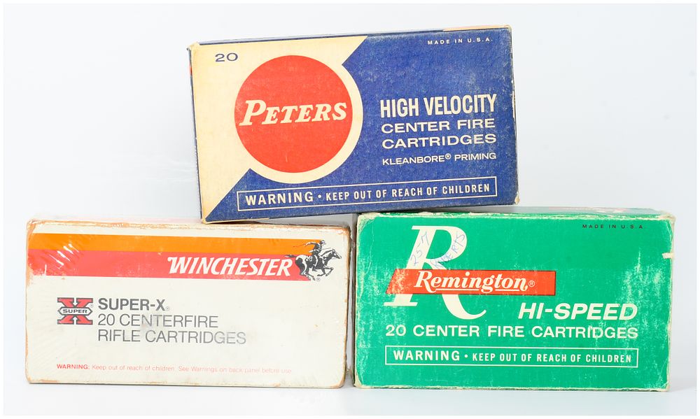 Lot 1516: Three Boxes of Vintage .257 Roberts Rifle Cartridges by Peters, Winchester, and Remington