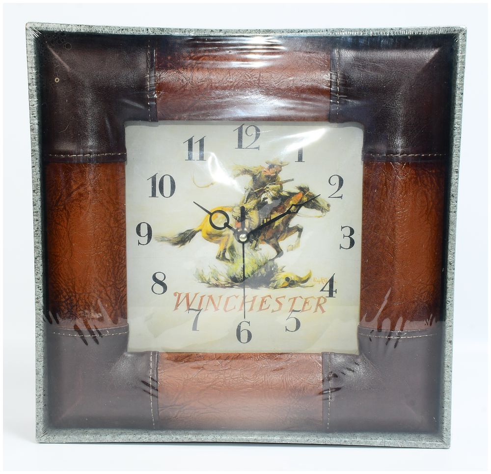 Lot 1517: NEW Rivers Edge Products Winchester Western Cowboy Leather Look Framed Square Wall Clock