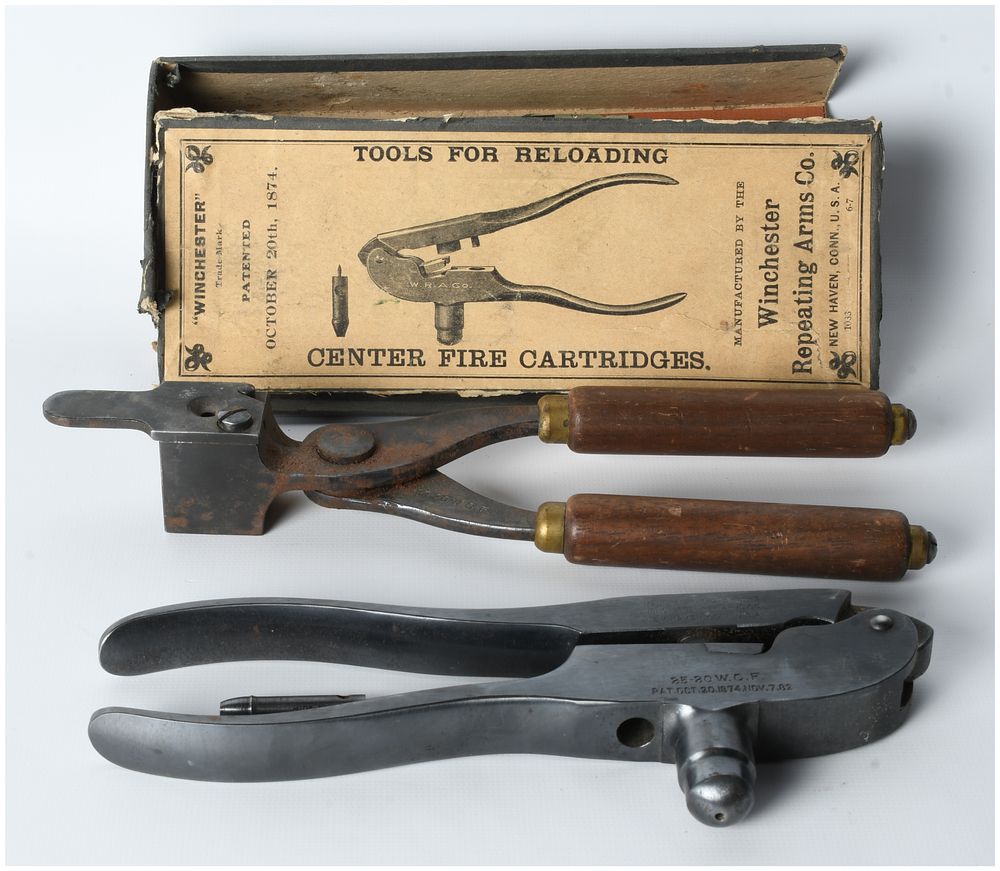 Lot 1526: A Pair of Winchester Model 1882 Reloading Tools, .32-20 W.C.F. and .25-20 W.C.F., with Original Box
