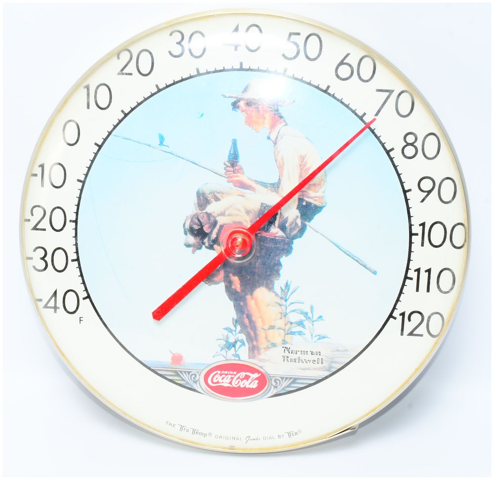 Lot 1547: A Vintage Coca-Cola Norman Rockwell 'Fishing Boy' Tru Temp Jumbo Dial Advertising Thermometer