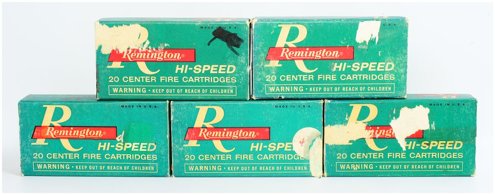 Lot 1567: A Group of Five Vintage Remington Hi-Speed .222 REMINGTON MAG. Cartridge Boxes with Approximately Nineteen Cartridges