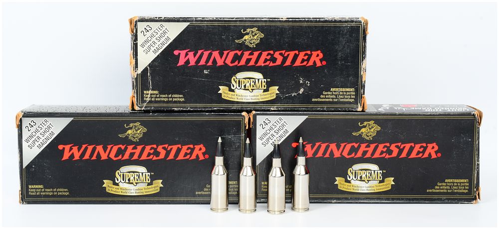 Lot 1573: 104 Rounds Winchester .243 WSSM 95 Grain Ballistic Silvertip Ammunition