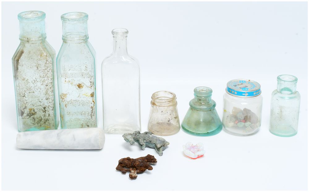 Lot 1577: A Collection of 10 Antique and Vintage Glass Bottles, Jars, and Assorted Objects