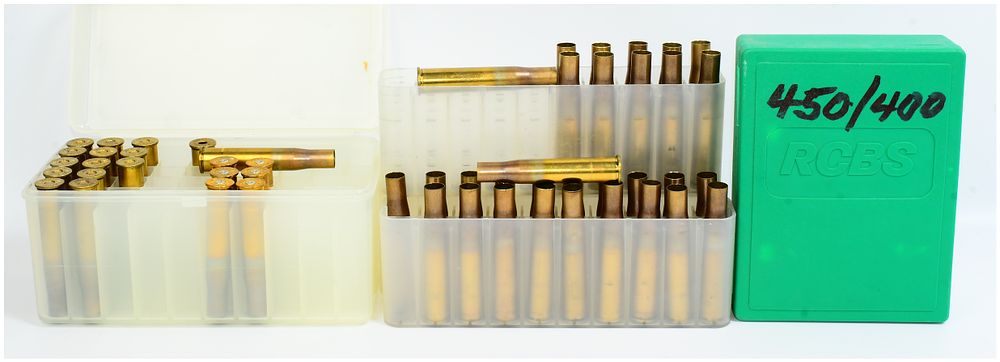 Lot 1582: 13 LIVE ROUNDS, 39 HORNADY .450/.400 NE 3 EMPTY BRASS CASINGS FOR RELOADING, and RCBS 450-400-3 JEFFREY & WR FL RELOADING DIE SET