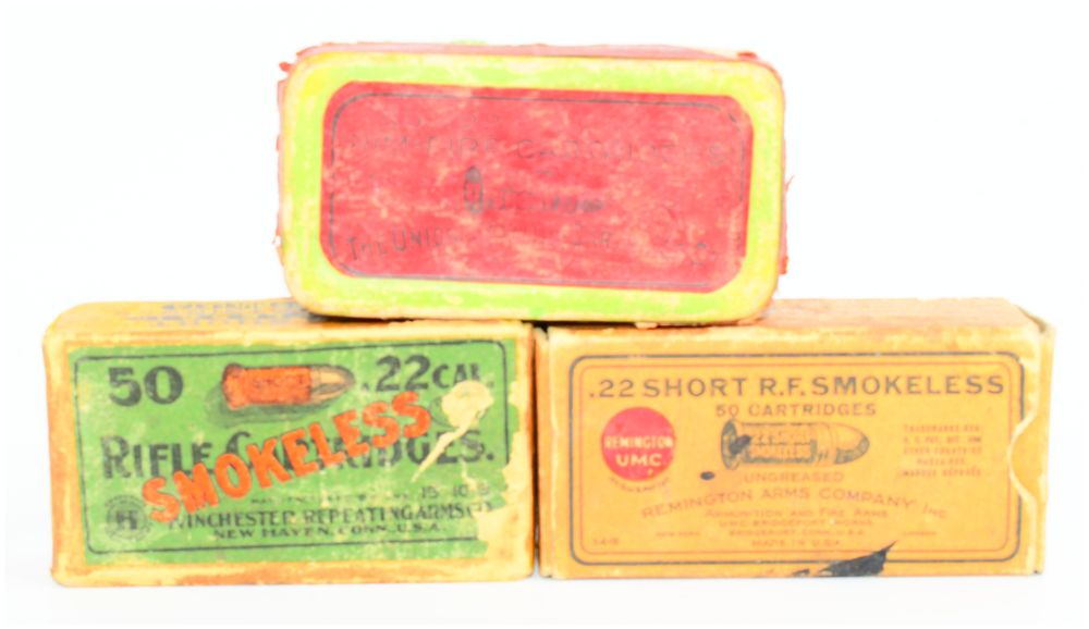 Lot 1594: A Group of Three Vintage Collectible .22 Caliber Smokeless Rimfire Ammunition Boxes, 150 Rounds Total