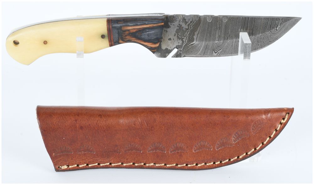 Lot 1598: Damascus Steel Fixed Blade Knife with Bone and Wood Handle, with Sheath