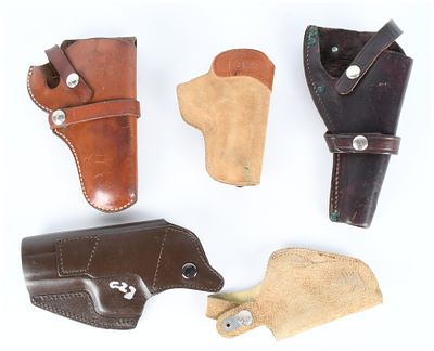 A Collection of 5 Used Pistol Holsters by Hunter, Bianchi, and DeSantis. A collection of five 