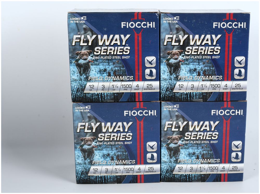 Lot 61: A Lot of Four Boxes of Fiocchi Flyway Series 12 Gauge 3 inch 1 1/8 oz. #4 Steel Shot Ammunition