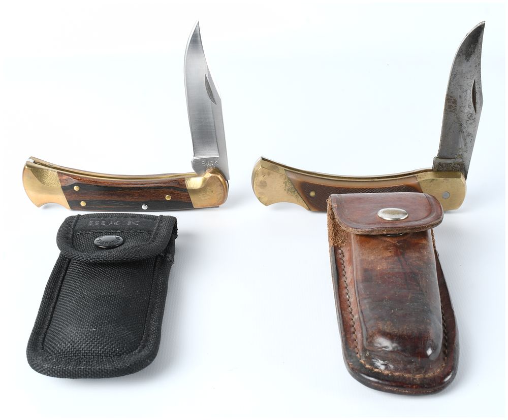 Lot 68: A Pair of Vintage Folding Lockback Pocket Knives with Sheaths Buck and Schrade Old Timer