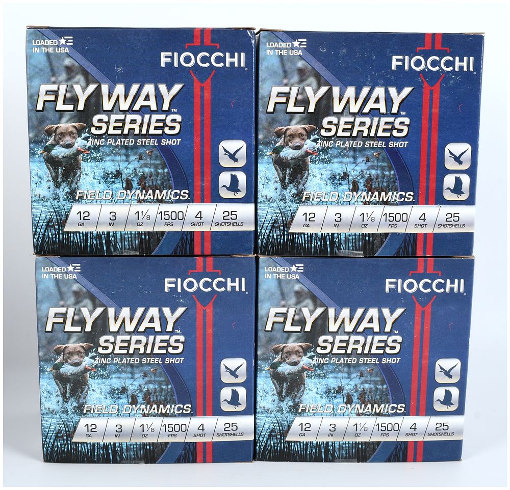 Lot 88: Fiocchi Fly Way Series 12 Gauge 3 Inch No. 4 Steel Shot Ammunition (Lot of 100 Shotshells)