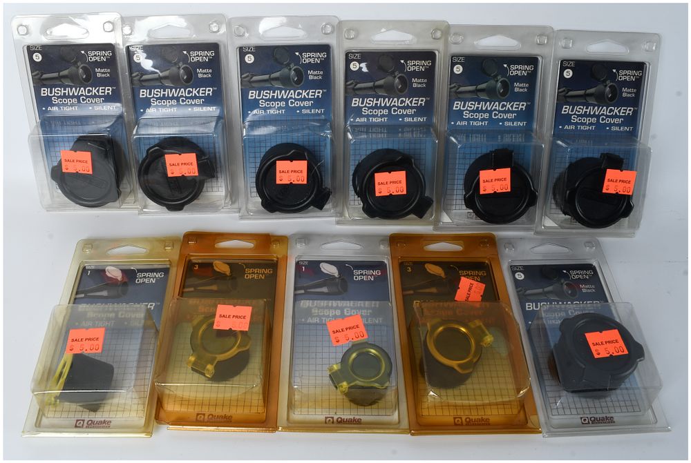 Lot 145: A Collection of 11 Q Quake Accessories Bushwhacker Flip Open Scope Covers Sealed in Package