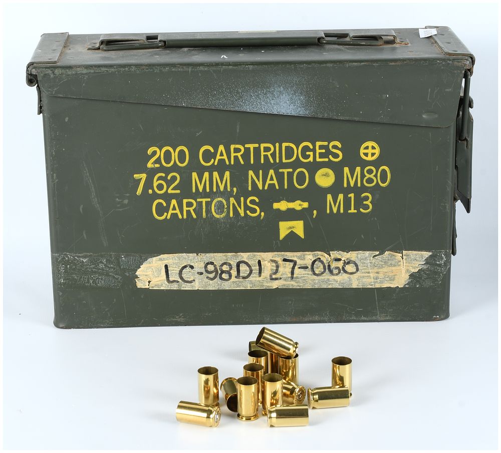 Lot 181: Bulk Lot of Cleaned .45 ACP Empty Brass Casings in a Military Metal Ammo Can