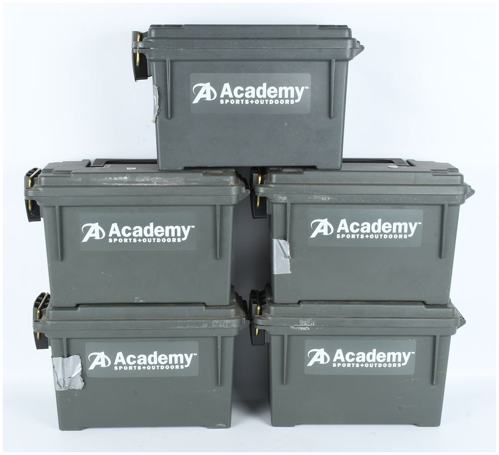 Lot 203: A Lot of Five Plano Molding Co. Model 1312 Academy Sports + Outdoors Ammunition Storage Containers