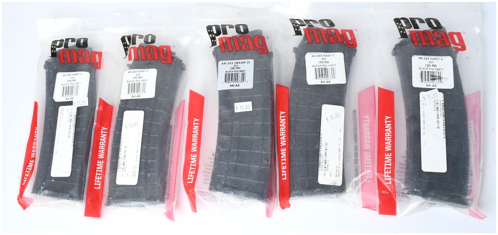 Lot 206: A Lot of 5 Pro Mag AK-.223 WASR-3 30-Round Black Polymer Detachable Magazines