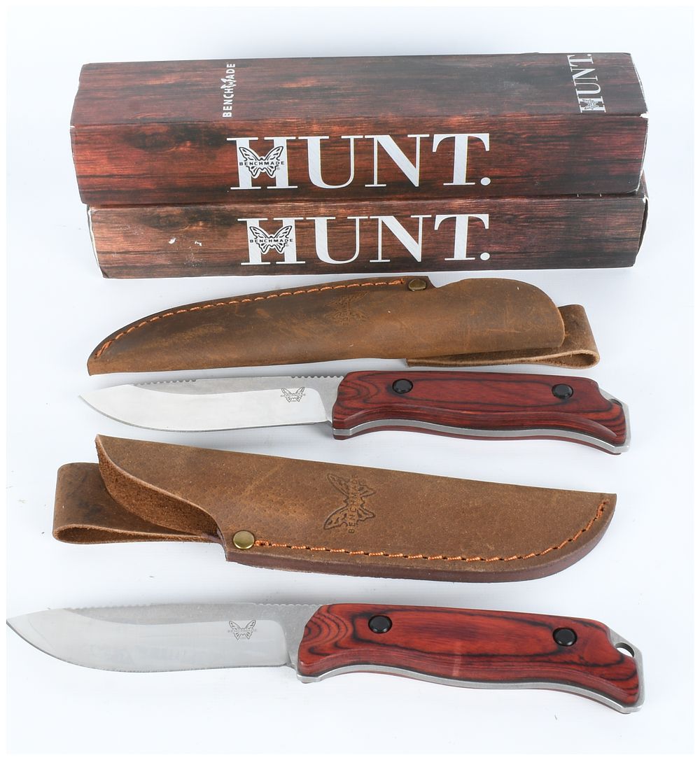 Lot 209: A Pair of Benchmade Fixed Blade Hunting Knives with Sheaths and Boxes