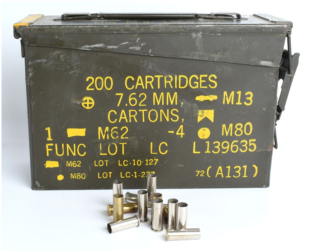 Lot 211: US Military 7.62MM NATO M13 Ammunition Can with Bulk Spent Cartridge Casings