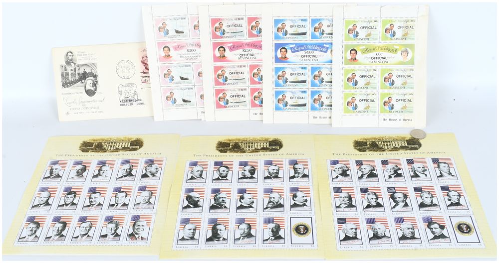 Lot 233: Collection of 71 Stamps: US FDC, St. Vincent 1981 Royal Wedding MNH Sheets, Liberia Presidents